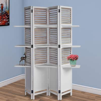 Contemporary 4 Panel Wooden Screen with Art Styled Shutter Design, White