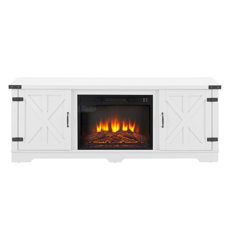 Modern Farmhouse TV Media Stand, Large Barn Inspired Home Entertainment Console, with 23" Fireplace Insert, for TV Up to 70'', w
