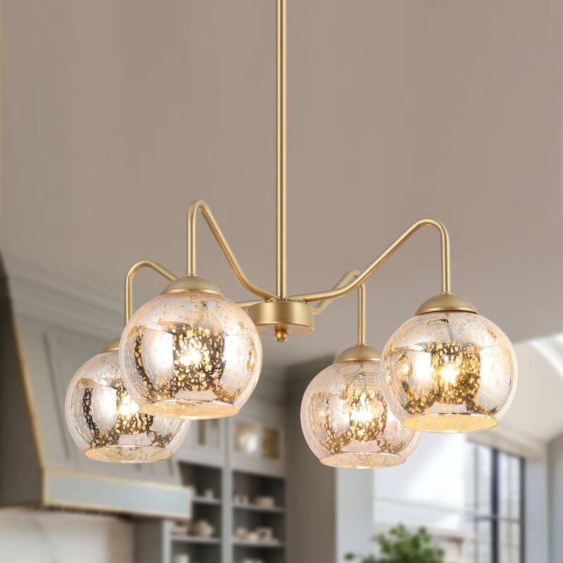 Ziv Mid-Century Modern 4-Light Gold Chandelier with Mercury Glass Shades - 20.5" D x 8.5" H