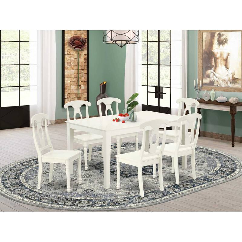 HomeStock 7-Piece Rectangle Linen White Finish Solid Wood Top Dining Table with 6 Chairs with Lattice Back