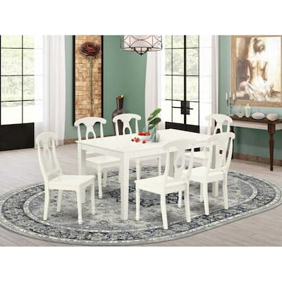 HomeStock 7-Piece Rectangle Linen White Finish Solid Wood Top Dining Table with 6 Chairs with Lattice Back
