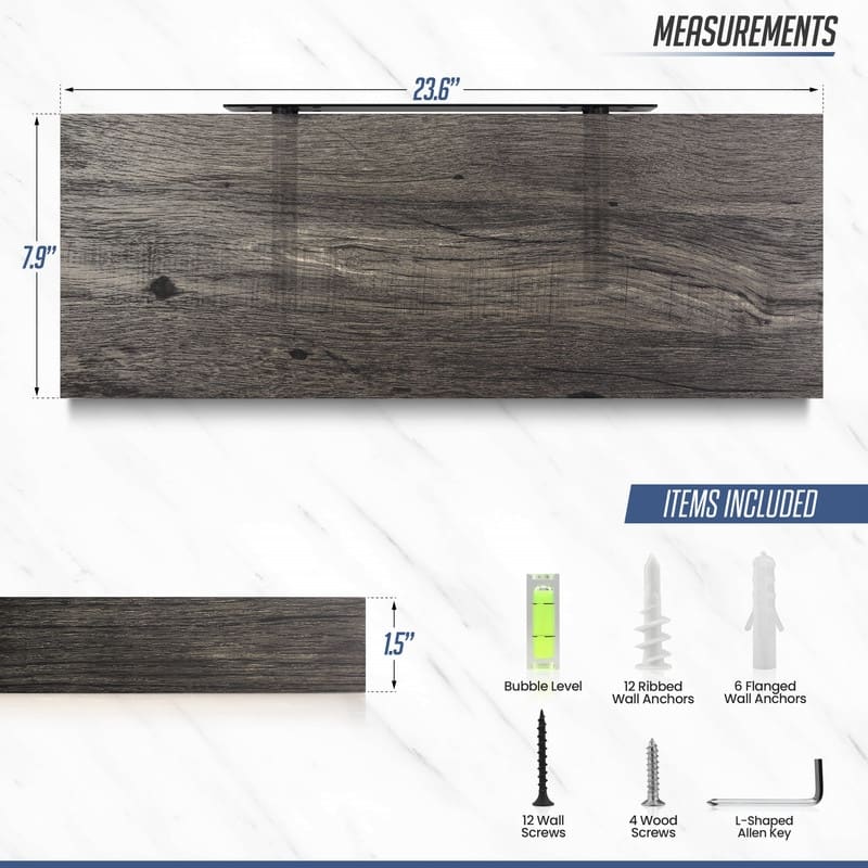 Designer 24" Floating Wall Shelves, Large Wooden Rack Set of 2