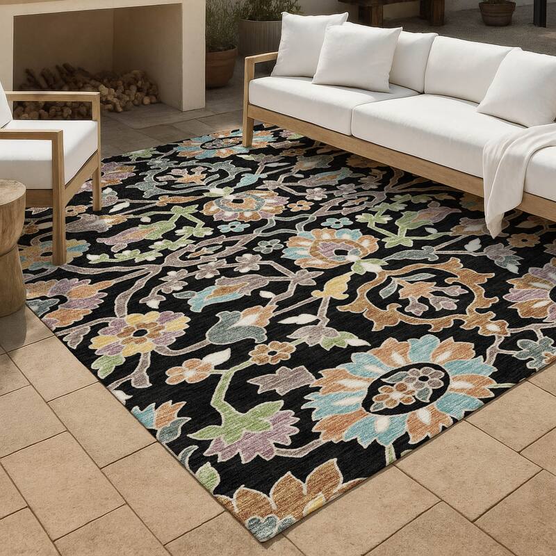Machine Washable Indoor/ Outdoor Traditional Blanca Chantille Rug - Black - 9' x 12'