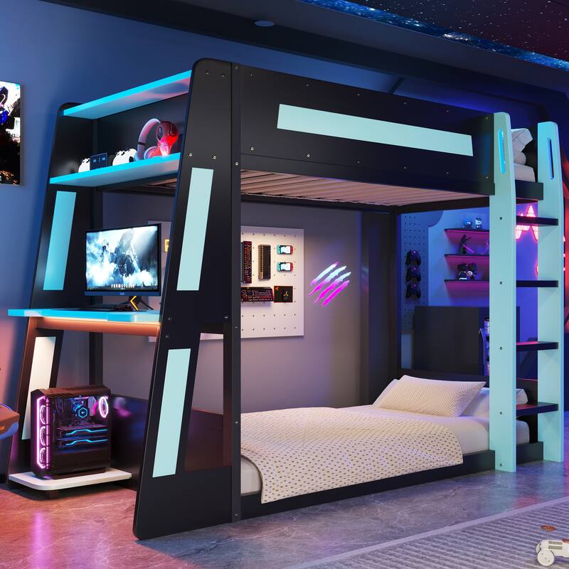 Full or Twin Gaming Bunk Bed Gaming Loft Bed with Built-In Gaming Station Cable Management for Gamer Gaming Hotel Gaming Suite