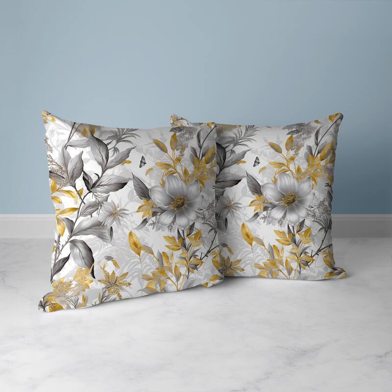 Exquisite Floral Breeze Faux Suede Reversible Throw Pillow Grey and Gold