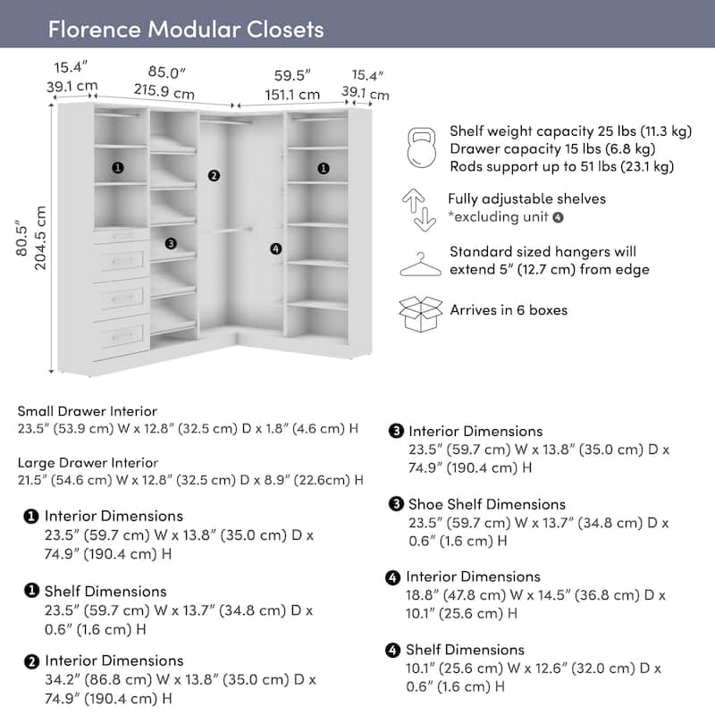 Bestar Florence 85W x 60D L Shaped Walk-In Closet System, Shaker