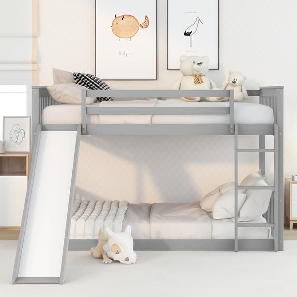 slide 2 of 9, Full Over Full Bunk Bed with Slide, Wooden Bunkbeds Frame for Kids Grey - Full