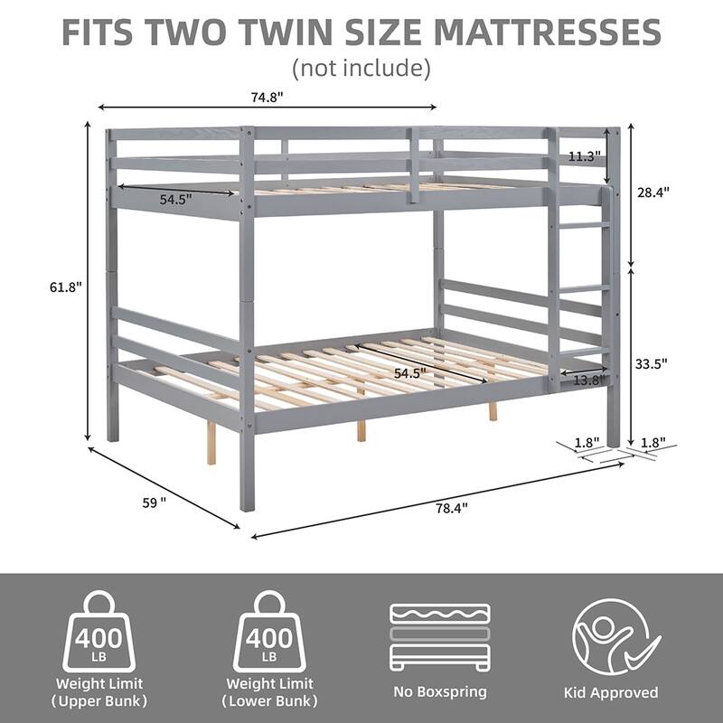 Full over Full Wooden Bunk Bed,High Guardrail,Ladder,Kids Teens,Dorm