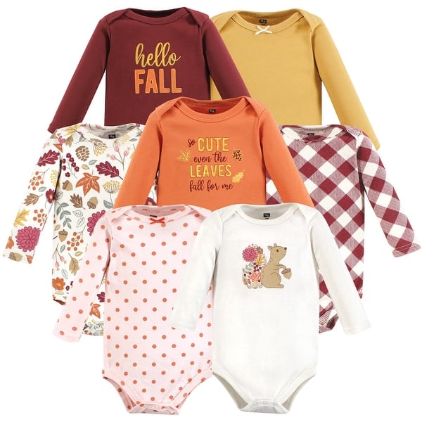 slide 1 of 1, Hudson Baby Infant Girl Cotton Long-Sleeve Bodysuits, Fall Squirrel 7-Pack 0-3 Months - Fall Squirrel 7-Pack