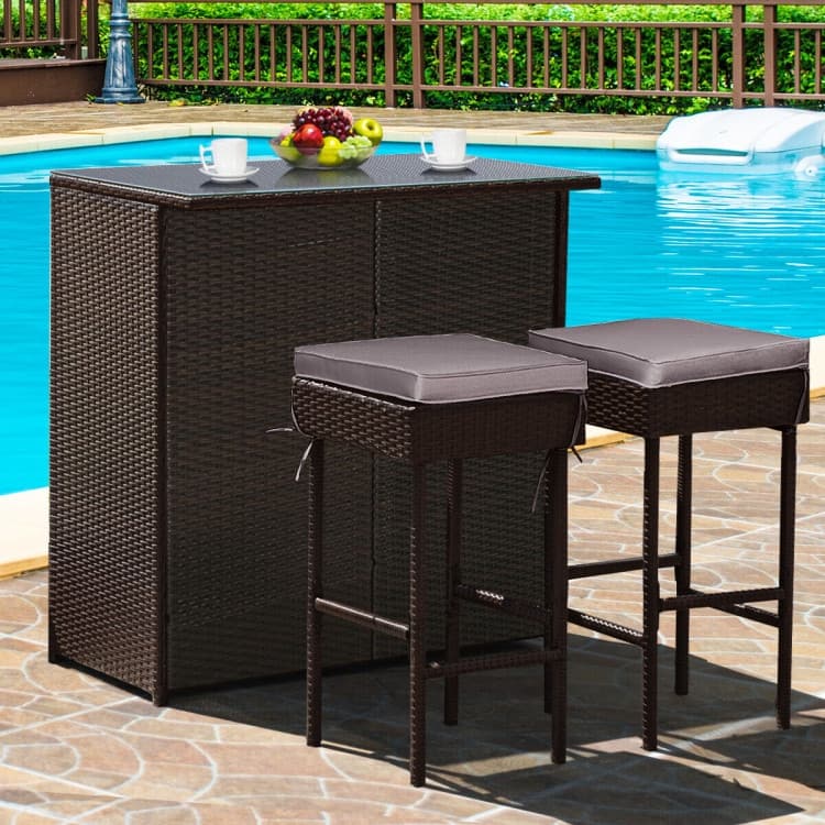 3-Piece Patio Rattan Wicker Bar Set with 2 Cushioned Stools for Outdoor Entertaining - 40" x 24" x 41.5" (L x W x H)