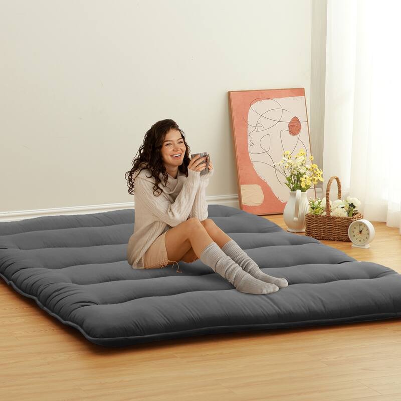 Japanese Futon Floor Mattress, Japanese Style Floor Mattress Sleeping Mattress Pad Tatami Mat - Wave Dark Grey - Queen