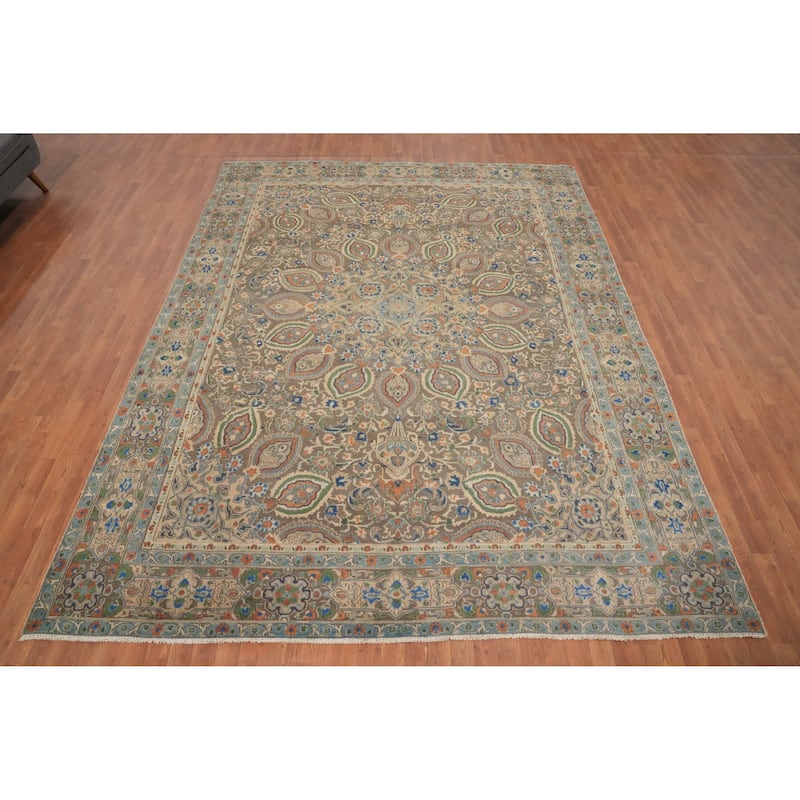 Hand Knotted Oriental 100% Wool Carpet Traditional Floral Greys & Charcoal Tabriz Area Rug - 11' 11'' X 9' 0''