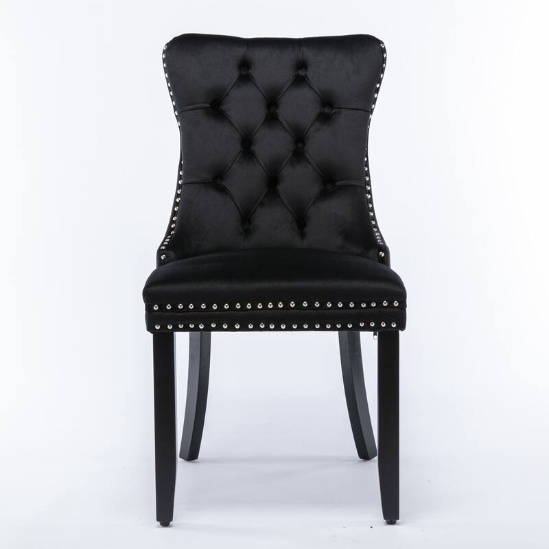 Upholstered Dining Chair With Wood Legs Nailhead Trim 2-Pcs Set - Black