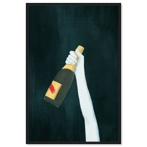 "Deep and Dark", Elegant Champagne Bottle Traditional White Framed Canvas Wall Art Print for Dining Room