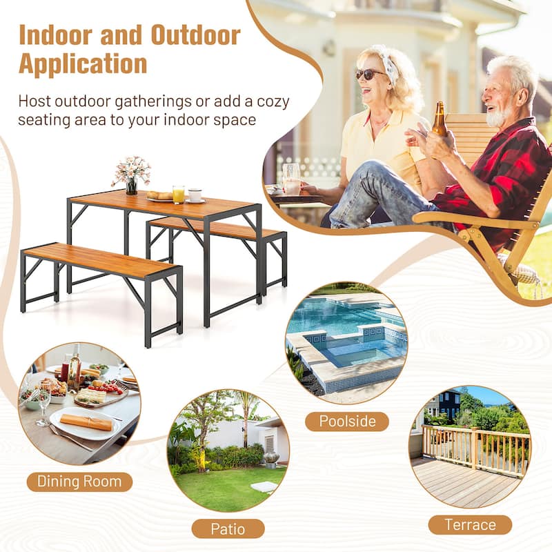 Gymax 3 PCS Patio Dining Set for 6 People 53'' Acacia Wood Picnic