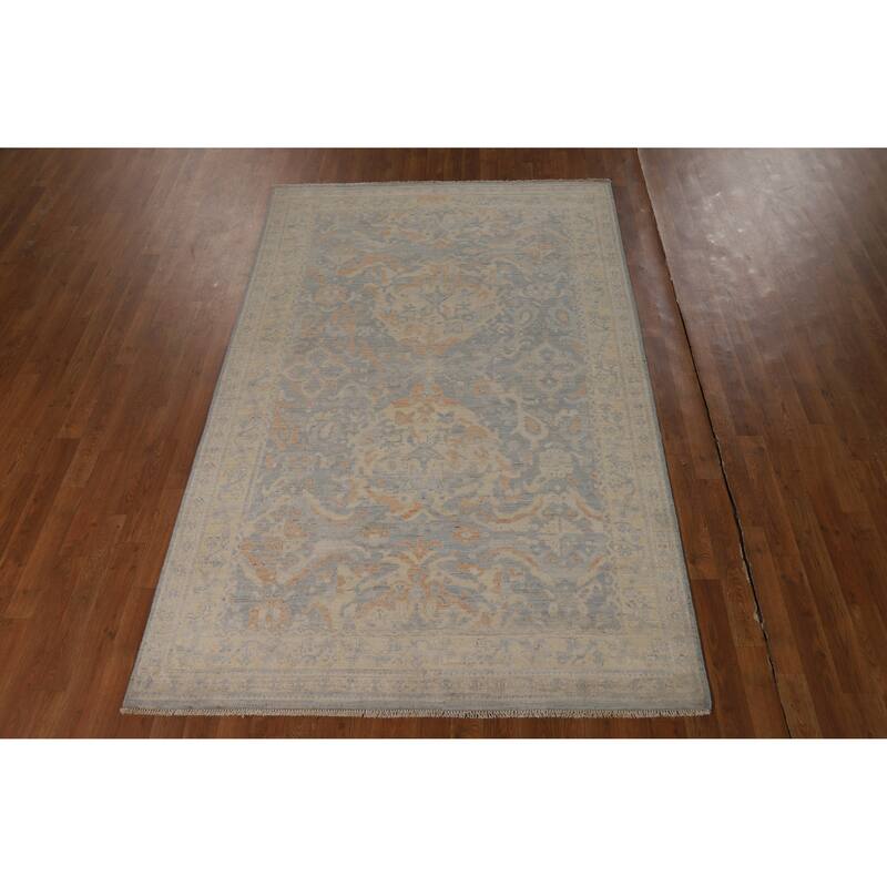 Vegetable Dye Floral Oushak Turkish Area Rug Blue Handmade Wool Carpet - 5'0"x 7'11"