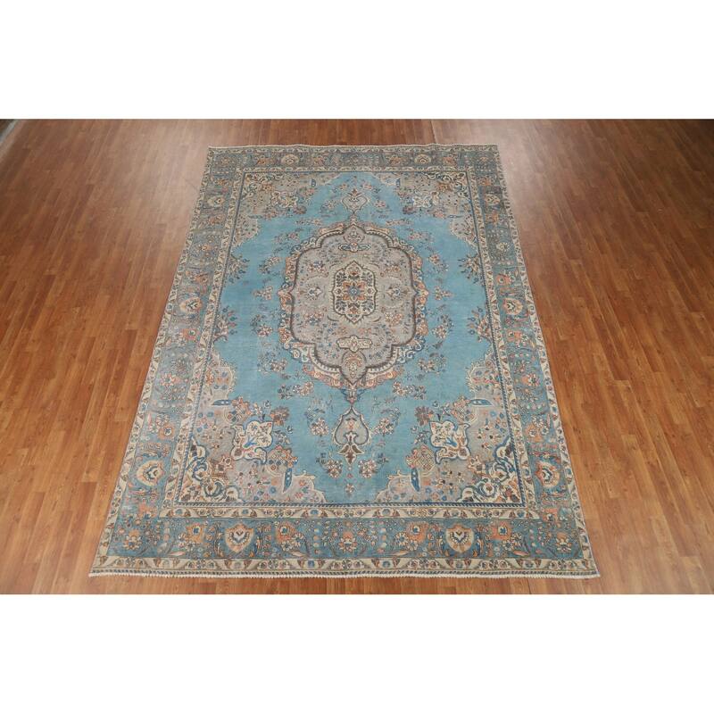 Light Blue Medallion Tabriz Persian Rug Hand-Knotted Wool Carpet - 7'9"x 11'3"