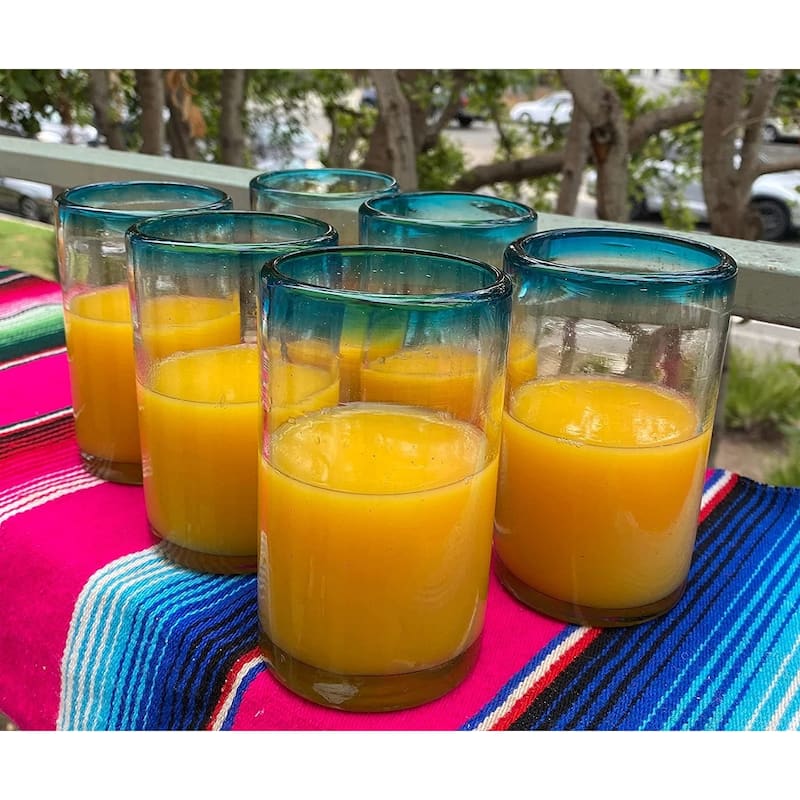 Dos Sueños Hand Blown Mexican Drinking Glasses - Set of 6 Glasses with Aqua Rims (14 oz each)