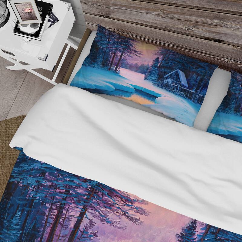 Designart 'Winter Landscape & The River House In The Woods II' Lake