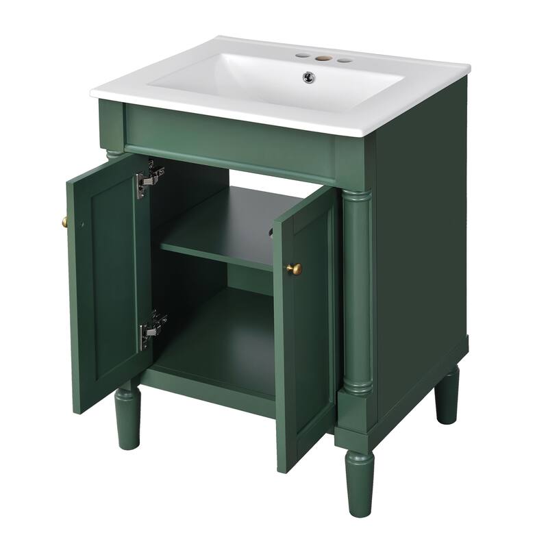 24 Inch Bathroom Vanity with Ceramic Top Sink, Freestanding Single Sink Vanity with Storage Shelves, Modern Style