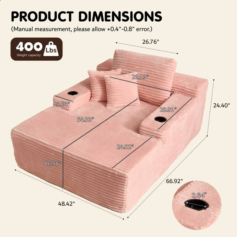 OVIOS Plush Convertible Floor Lounge Sofa with Cup Holder