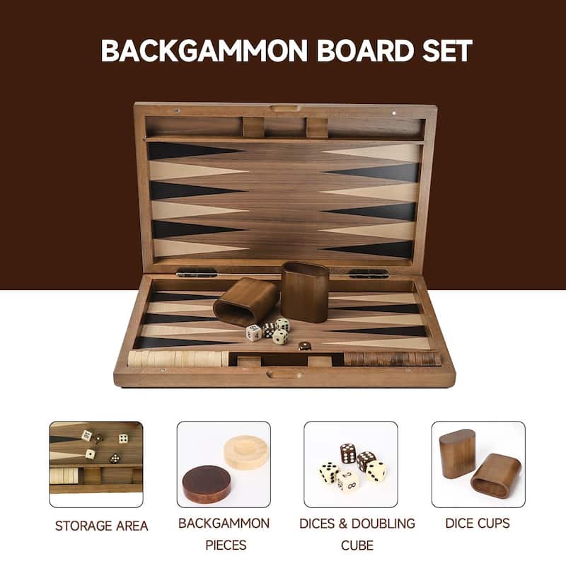 GSE™ 17" Premium Wooden Inlay Backgammon Board Game Set, Portable Folding Backgammon Board Game with Game Pieces - 17-Inch