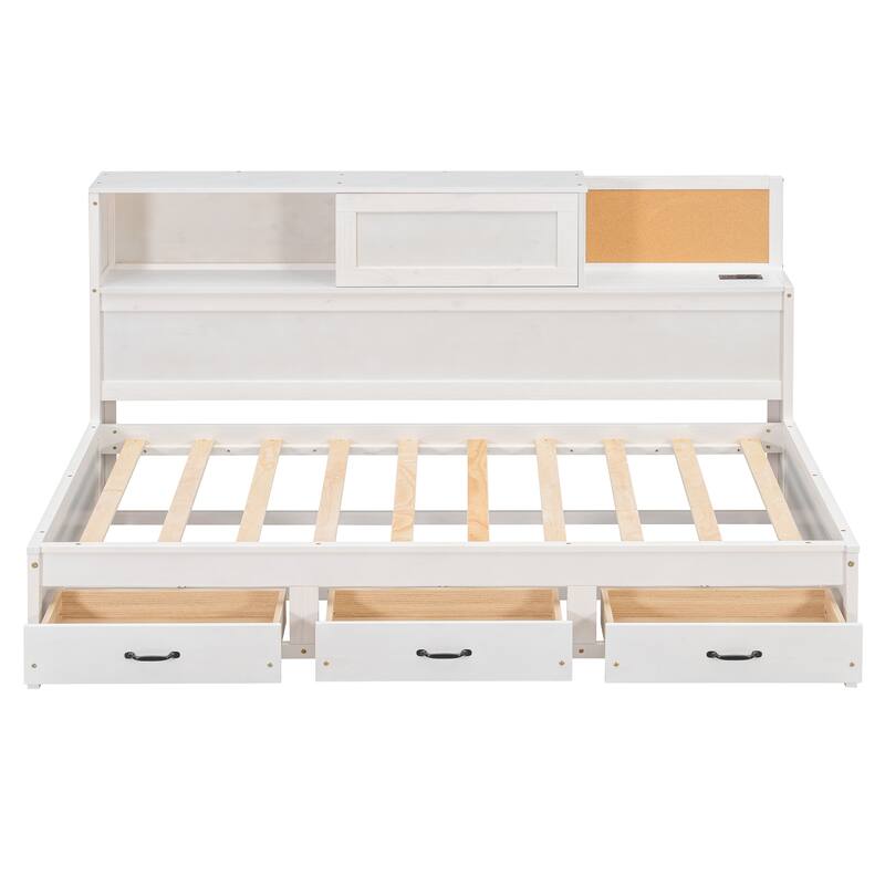White Wooden Captains Bed Twin Size Daybed with 3 Drawers, Open Shelf, Pushable Storage Cabinet and Charging Station
