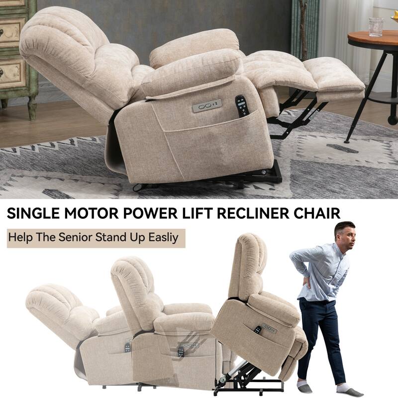Roomfitters Oversized Power Lift Recliner Chair, Electric Massage Sofa with Heat & USB, Large Chenille Stand Up Armchair