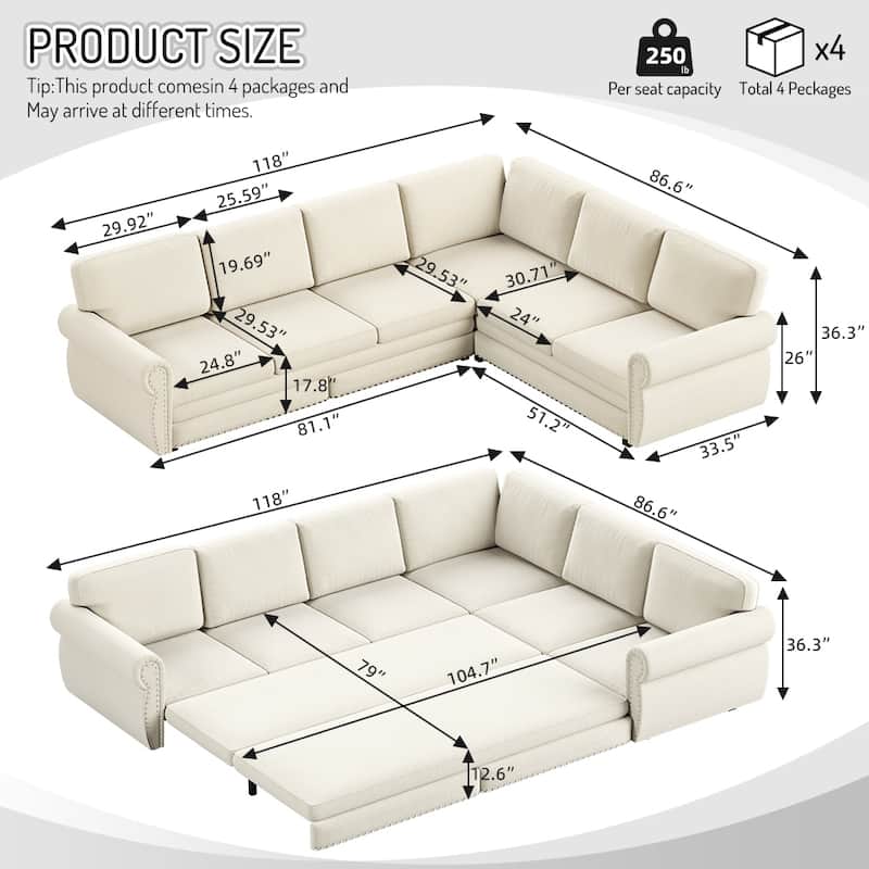 Homy Casa L-Shaped Sectional Sofa w/ Pull-Out Bed, Chenille Sleeper Couch w/ Nailhead Trim & Rolled Arm, Oversize