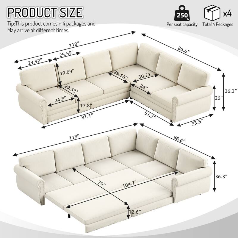 L-Shaped Sectional Sofa with Pull-Out Bed, Oversize Convertible Sleeper Sofa with Rolled Arms, Chenille Upholstery