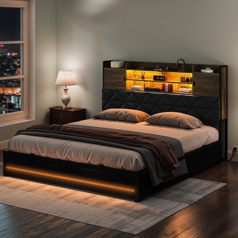 Queen/King Upholstered Bed Frame with RGB LED Lights & Storage Bookcase Headboard