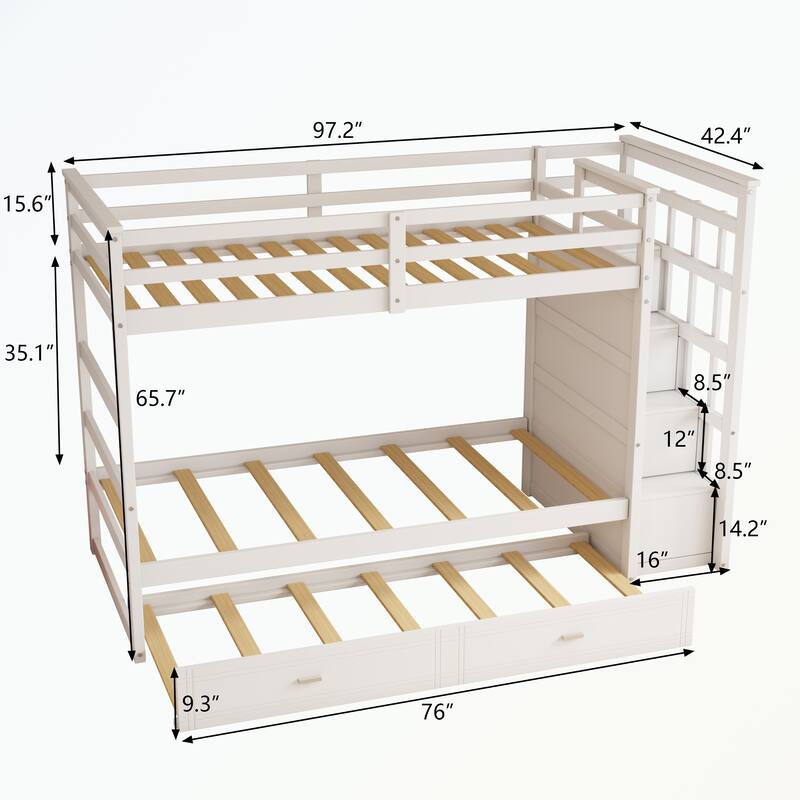 Hardwood Twin Over Twin Bunk Bed with Trundle and Staircase