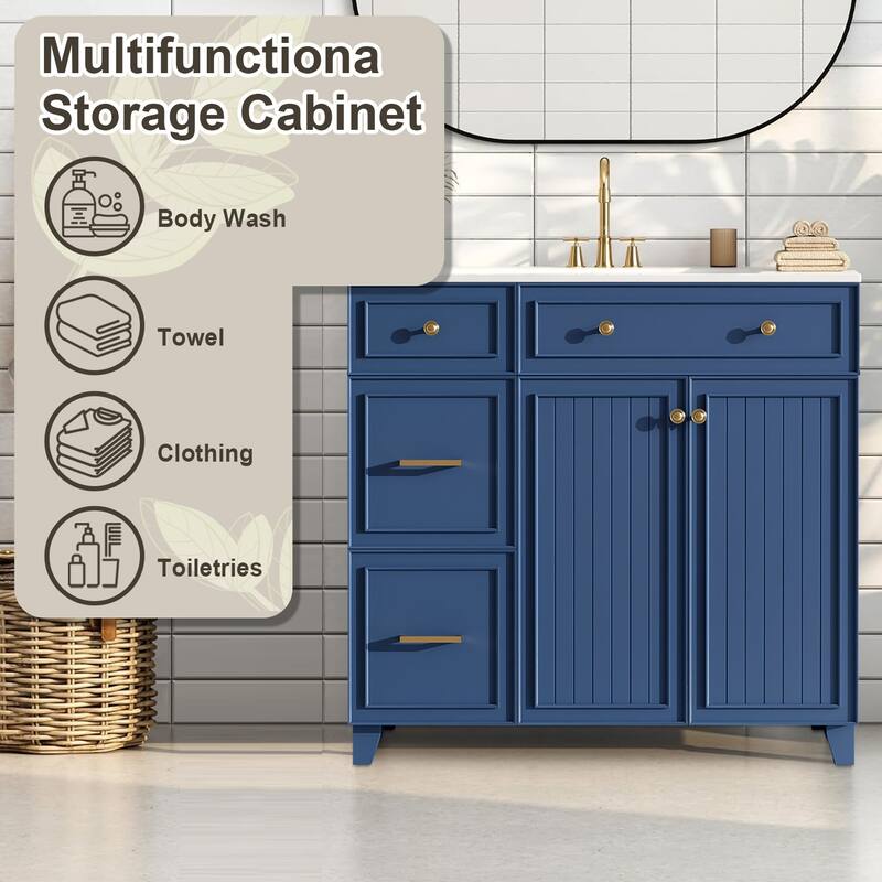 36" Bathroom Vanity with Ceramic Sink,Standard and Double-Layer Drawers