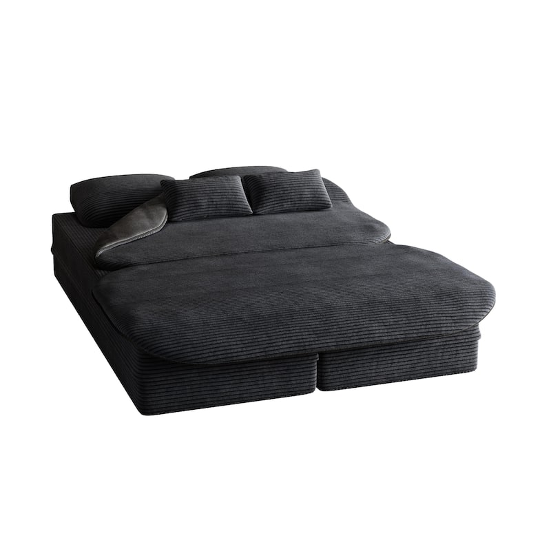 GDFStudio - Lysander Corduroy Foldable Sleeper Sofa Bed with Multi Functional Blanket