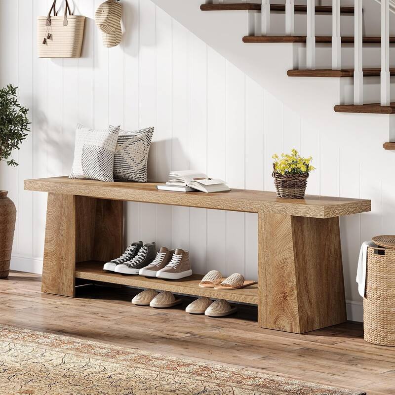 2-Tier Entryway Bench, 59-Inch Extra Long Shoe Bench with Storage - Brown