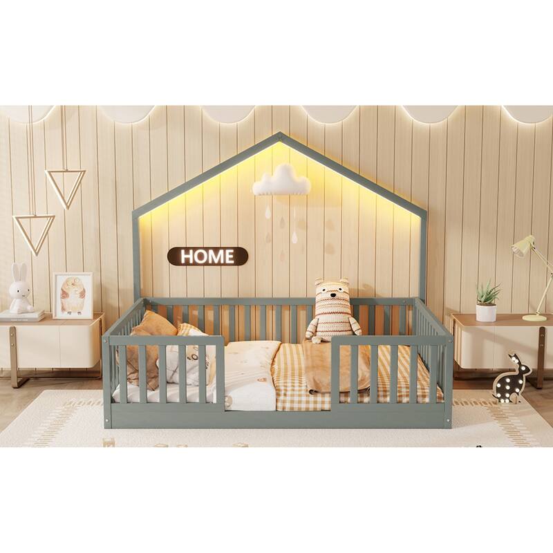 Roomfitters Twin/Full Floor Platform Bed, House Frame and LED Light with Wooden High Rails for Bedrooms or Guest Rooms