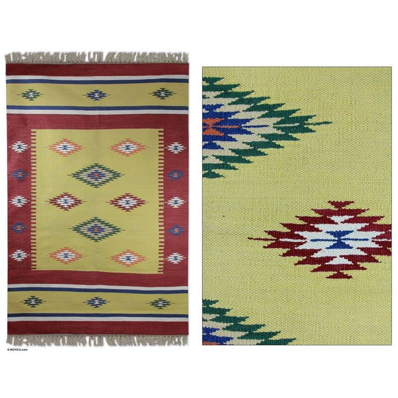 Handmade Morning Star Cotton dhurrie rug (India ) - Big