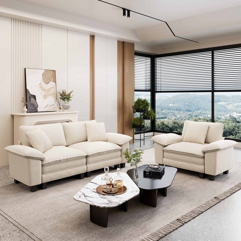 MAISON ARTS 2-Piece Chenille & Corduroy Sofa Set, Comfy 3/4/5-Seater Modular Loveseat & Armchair with Throw Pillows - Beige Chenille(3 Pieces) - Left Facing