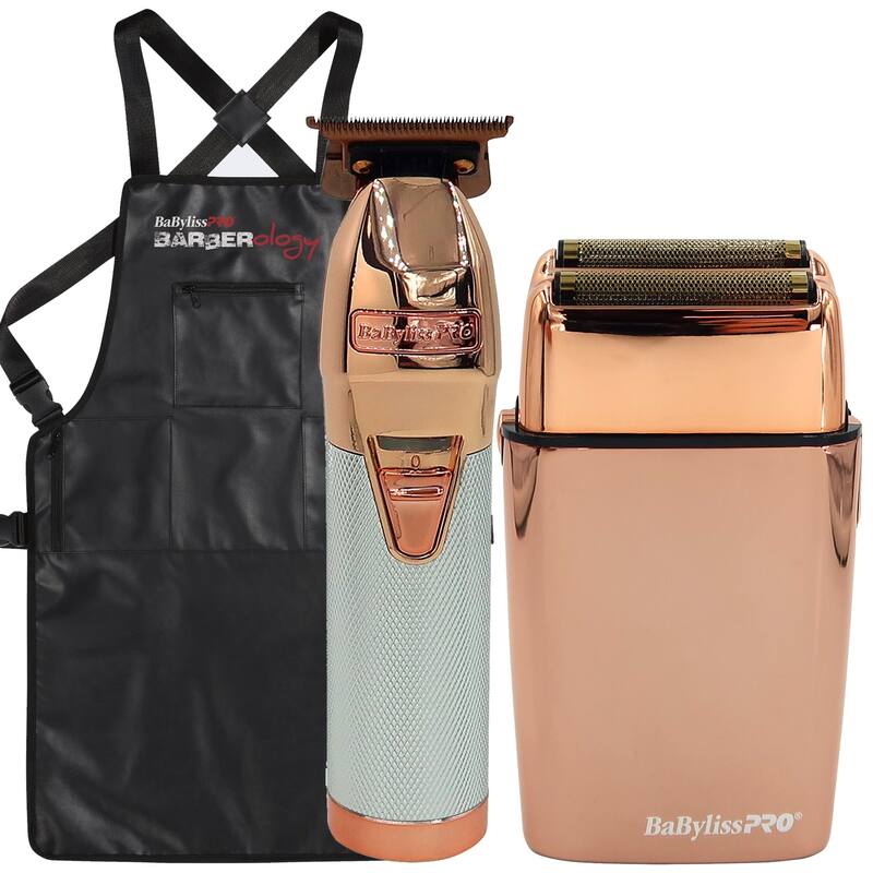 BaByliss Pro ROSEFX+ Cord/Cordless Lithium Outlining Trimmer Rose Gold FX787NRG + Cordless Double Foil Shaver Rose Gold + Apron - Rose Gold