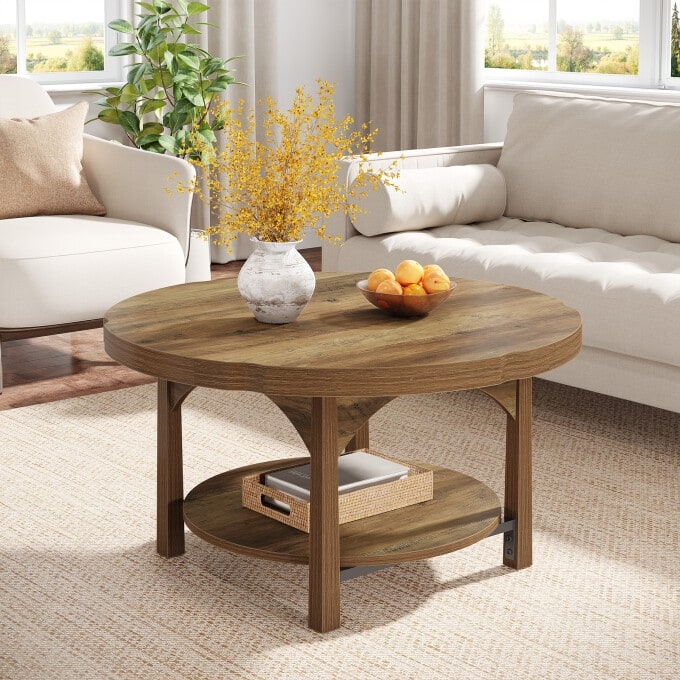 2 Tier Round Coffee Table, Wooden Living Room Center Table With Shelf