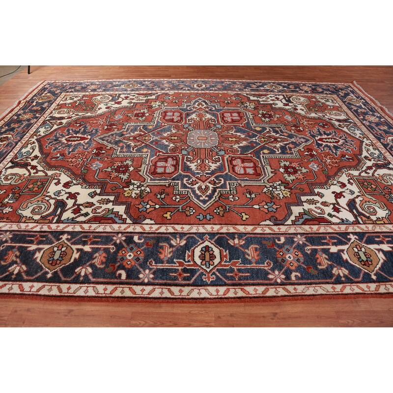 Hand Knotted Oriental 100% Wool Carpet Traditional Medallion Oranges & Rust Heriz (serapi) Area Rug - 13' 9'' X 9' 11''