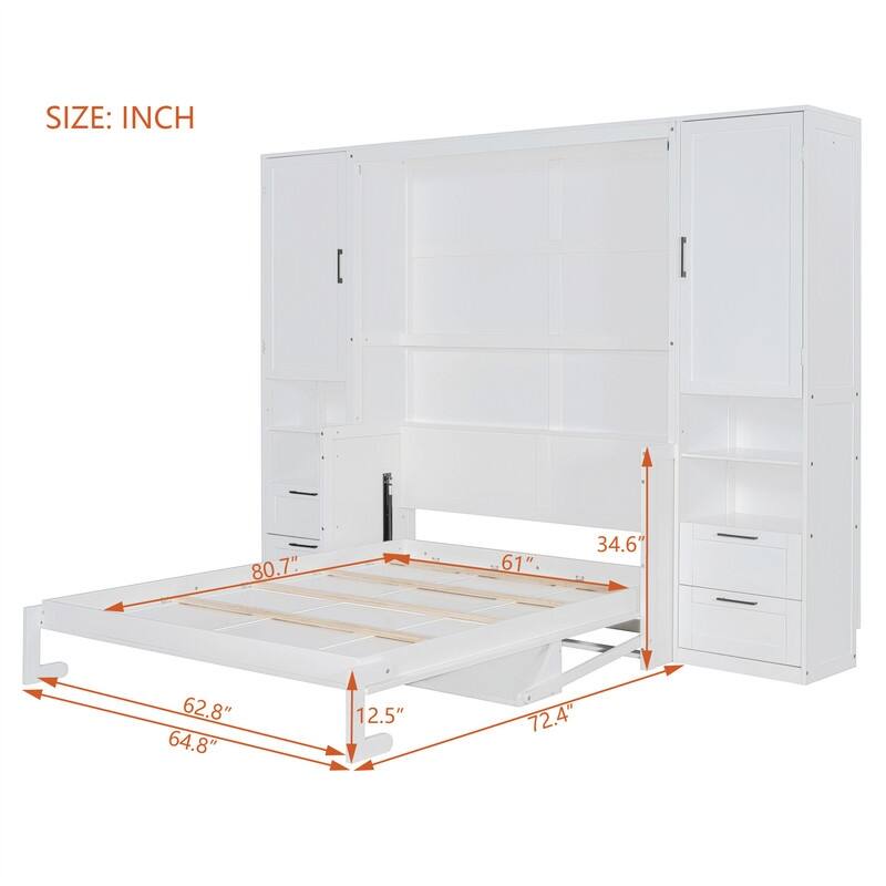 Queen Size Murphy Bed Wall Bed with 2 Wardrobes and 4 Storage Drawers, Foldable Murphy Cabinet Bed w/Open Storage Shelves& Stool