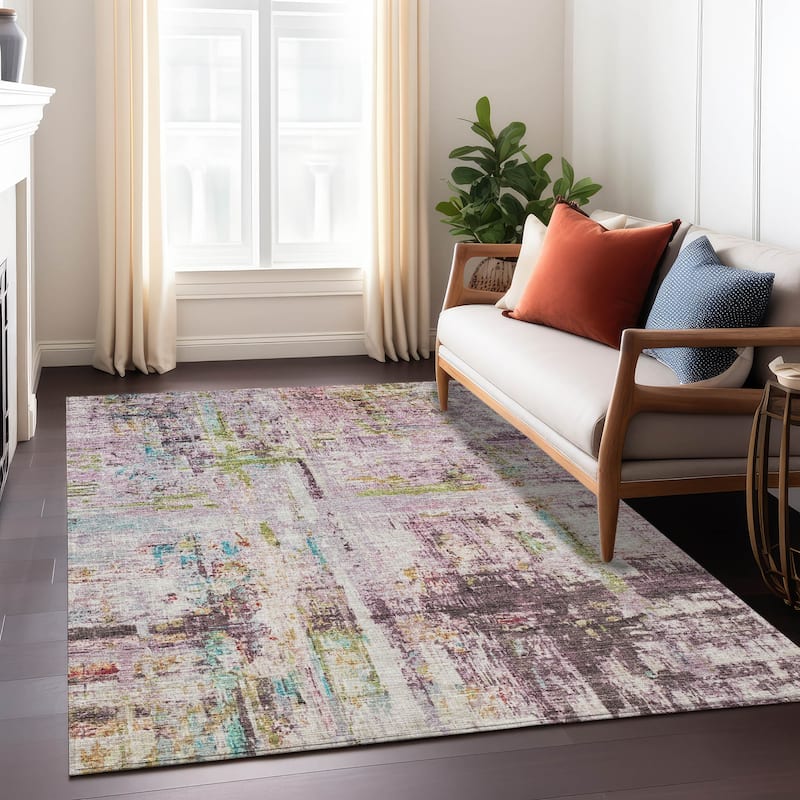 Machine Washable Indoor/ Outdoor Abstract Contemporary Chantille Rug