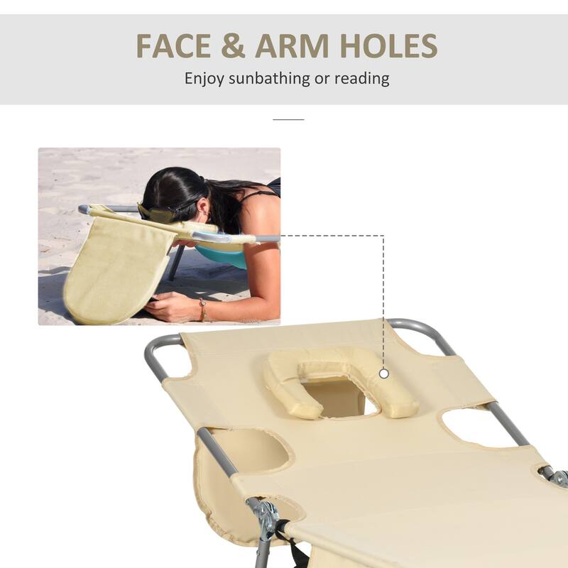 Folding sun loungers with face holes, arm slots and side pockets