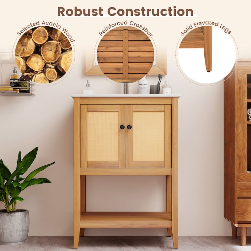 Gymax 24'' Bathroom Vanity w/ Sink 2 Rattan Doors & Open Slatted Shelf