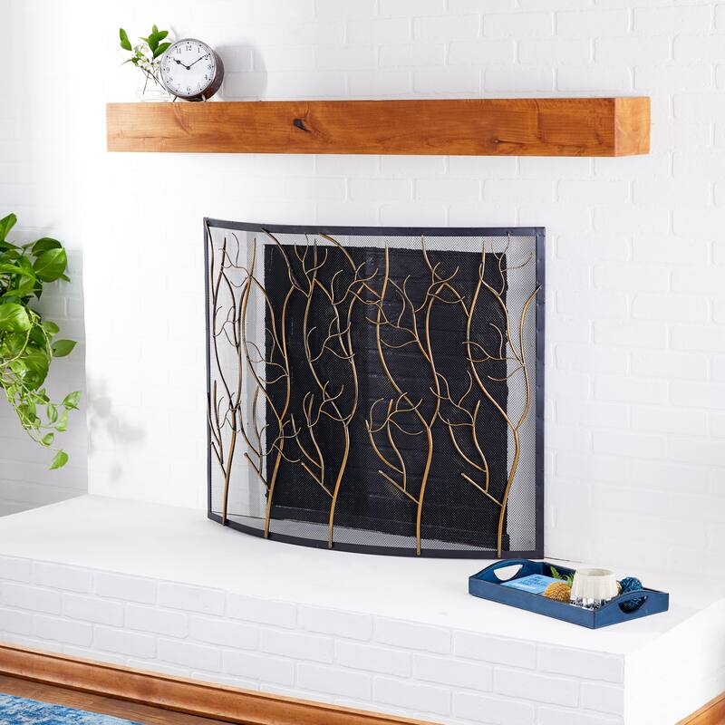 Metal Tree Branch Single Panel Fireplace Screen with Mesh Netting - Brass or Gold - Roche River Decor