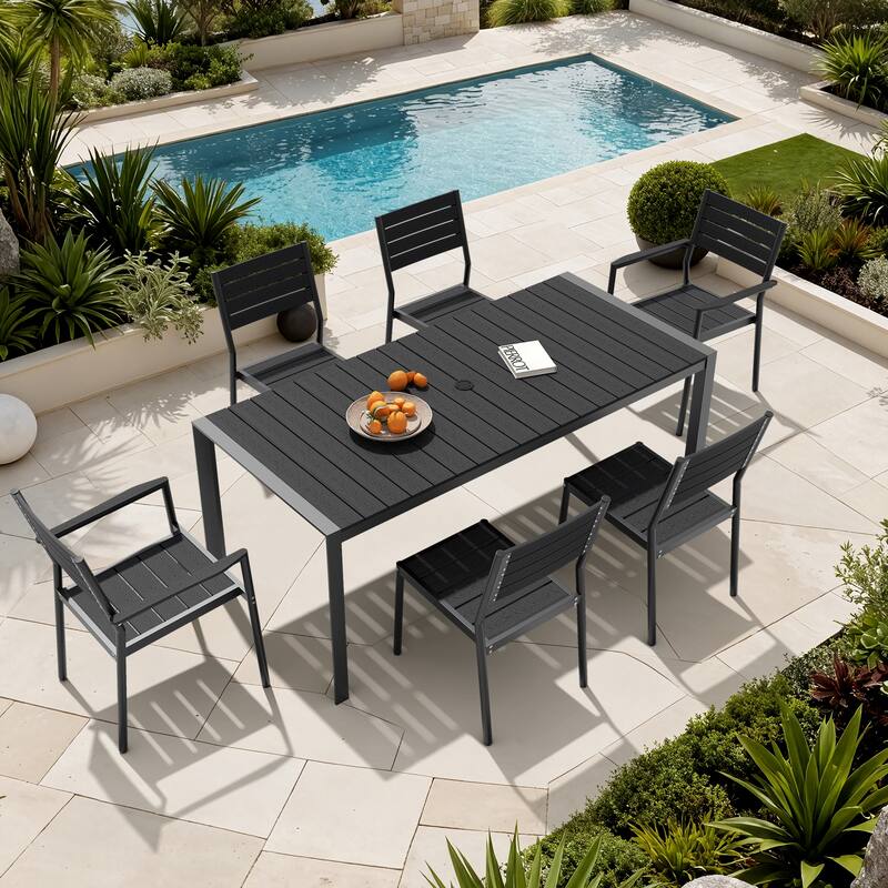 7-Piece Outdoor Patio Dining Set Wood Like Table Top Aluminum Rectangular Umbrella Hole Table with Rattan Chairs - Black