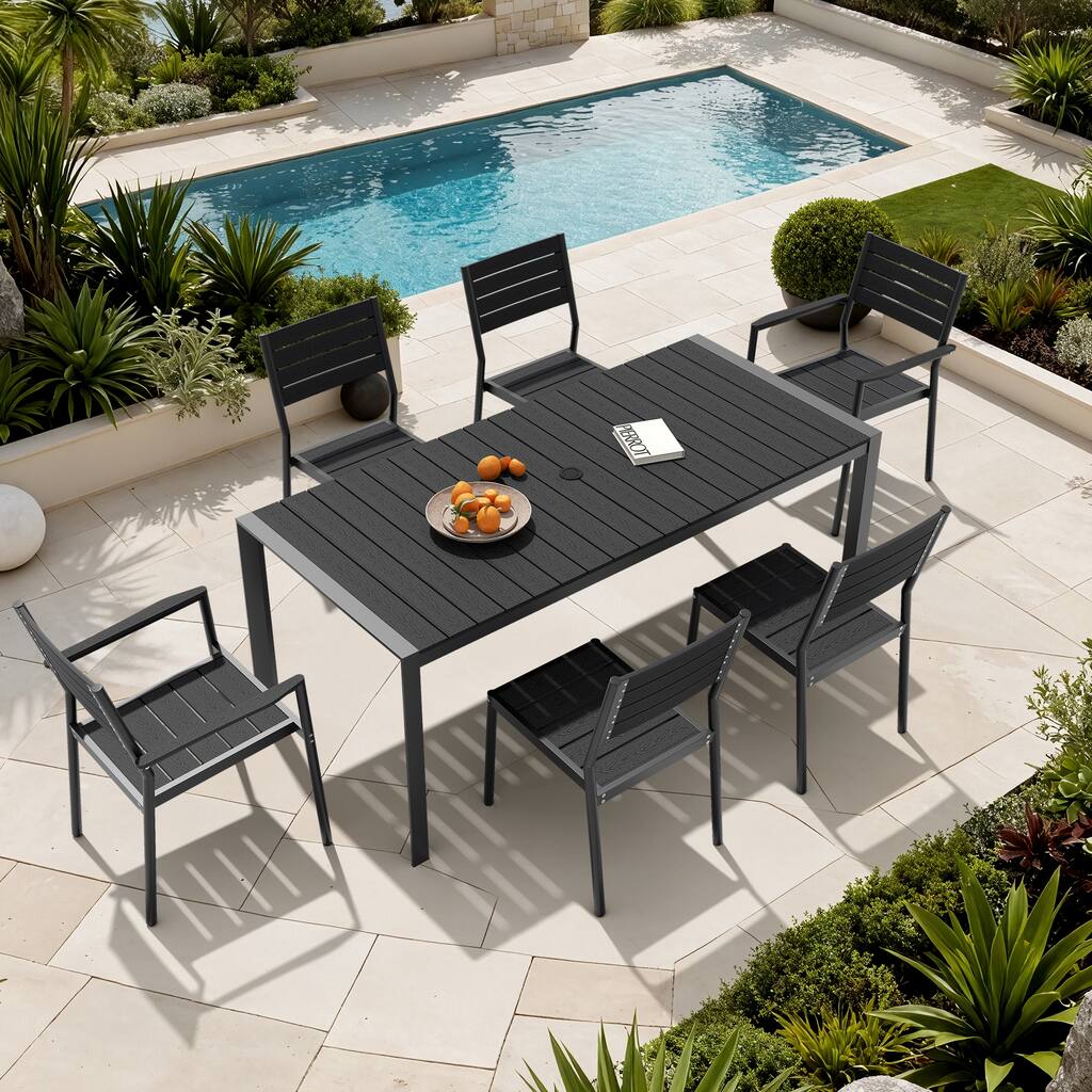 7-Piece Outdoor Patio Dining Set Wood Like Table Top Aluminum Rectangular Umbrella Hole Table with Rattan Chairs