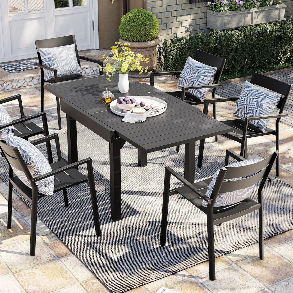 7PCS Outdoor Patio Dining Set Expendable Rectangular Dining Table with Chairs