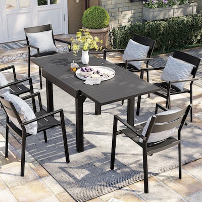 7PCS Outdoor Patio Dining Set Expendable Rectangular Dining Table with Chairs